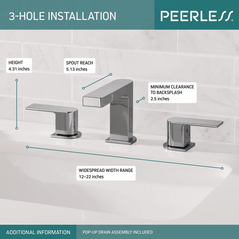Peerless Xander Widespread Bathroom Faucet Chrome, Bathroom Faucet 3 Hole, Bathroom Sink Faucet, Drain Assembly, Chrome P3519LF - Image 2